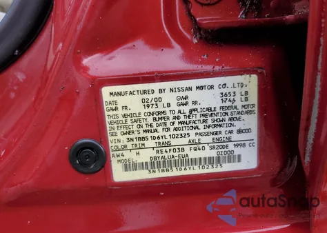 2000 Nissan Sentra Se z USA, uszkodzony, nr VIN 3N1BB51D6YL102325